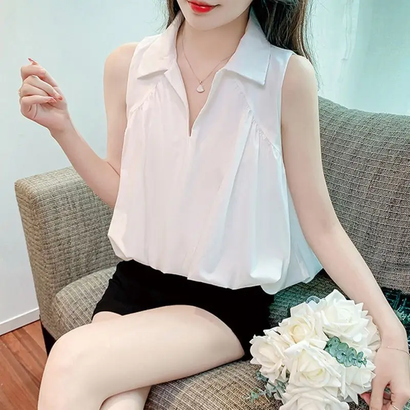 Fashionable Summer Vest Design Turn-down Collar White Shirt Slimming Belly Sleeveless Top Women's Loose Fit Neck Shirt
Fashionable Summer Vest Design Turn-down Collar White Shirt Slimming Belly Sleeveless Top Women's Loose Fit Neck Shirt