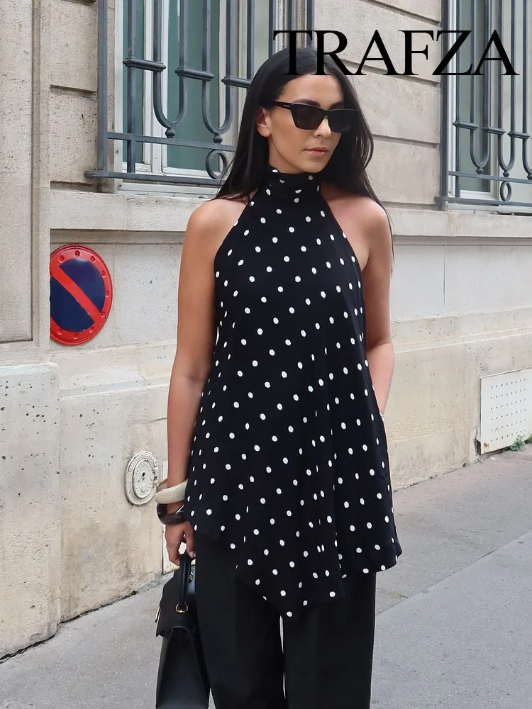 TRAFZA 2025 Female New Fashion Tops Black Polka Dot Backless Lace-Up Decoration Women's Summer Sexy Slim Sleeveless Tops
TRAFZA 2025 Female New Fashion Tops Black Polka Dot Backless Lace-Up Decoration Women's Summer Sexy Slim Sleeveless Tops