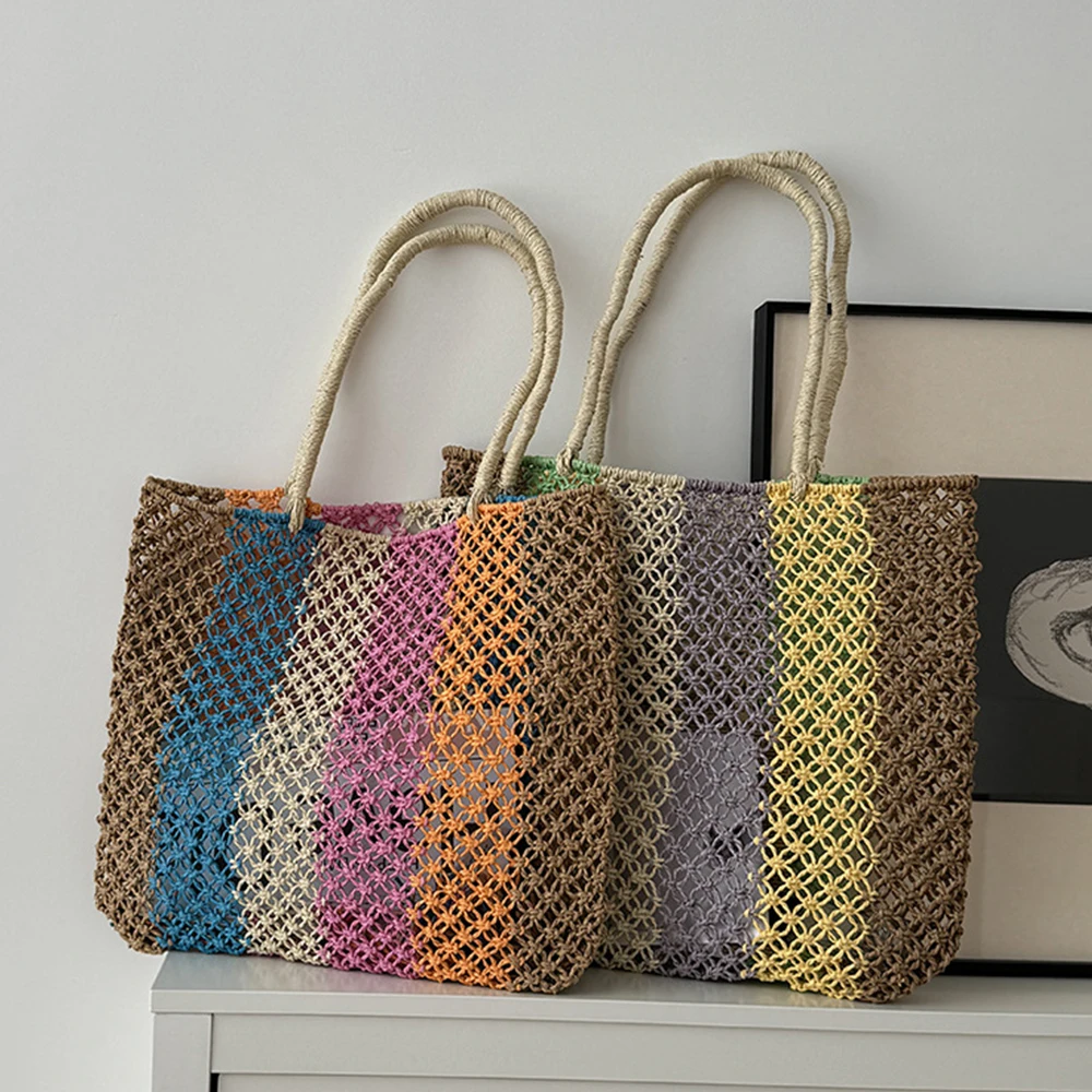 Цветные полосатые пляжные сумки для женщин, полая бумажная тканая сумка-тоут, женская сумка ручной работы, дорожная соломенная сумка, богемные сумки на плечо, новый клатч 
Цветные полосатые пляжные сумки для женщин, полая бумажная тканая сумка-тоут, женская сумка ручной работы, дорожная соломенная сумка, богемные сумки на плечо, новый клатч