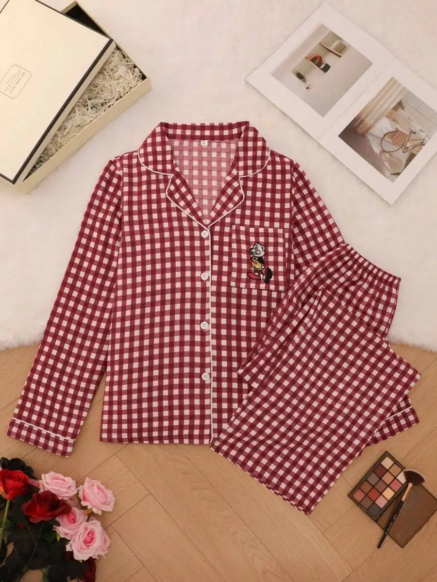 Plaid Sleepwear Set With Turn-Down Collar Button Up Top And Long Pants For Women
Plaid Sleepwear Set With Turn-Down Collar Button Up Top And Long Pants For Women