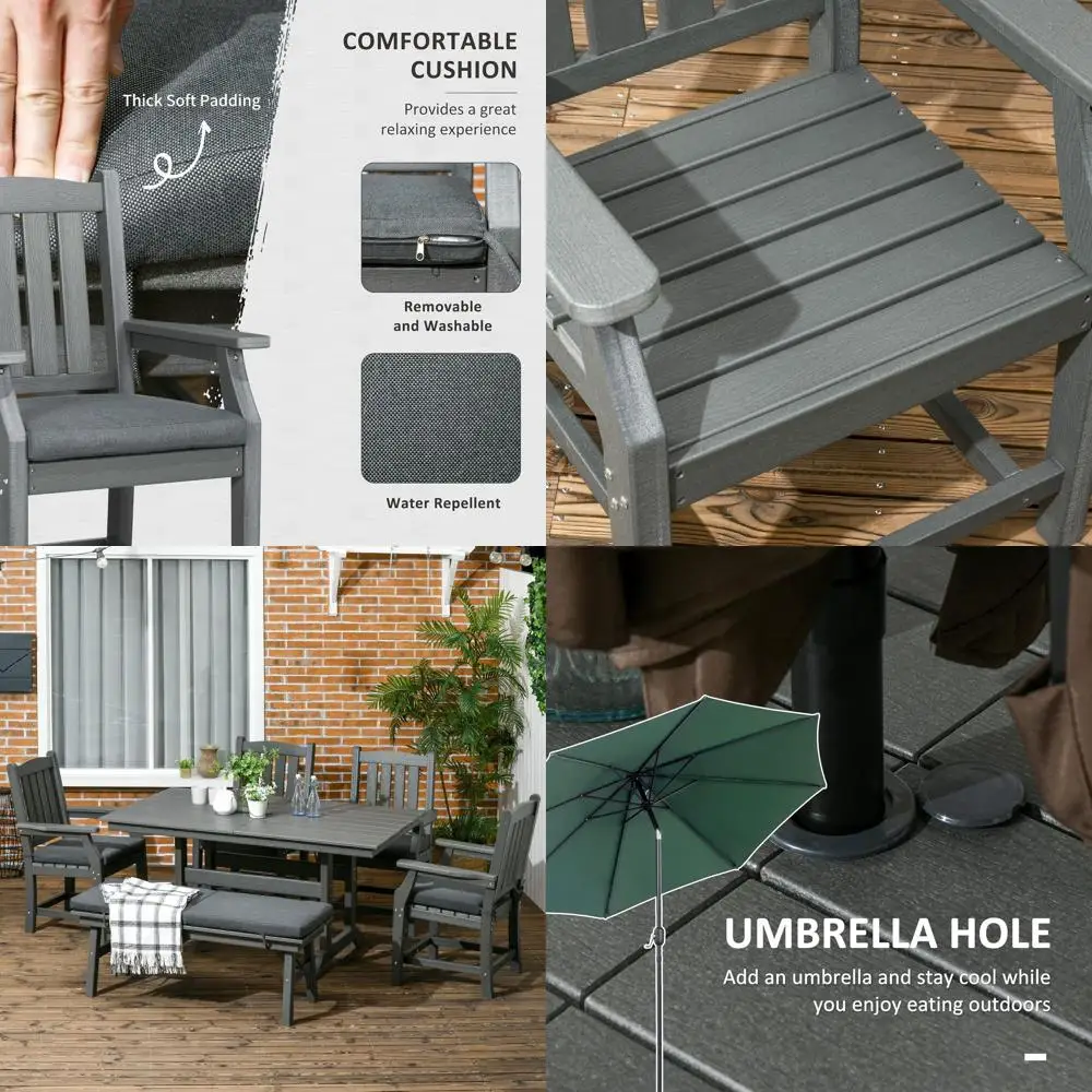 6-Piece Outdoor Dining Set, 6 Seater Patio Table with Chairs, Loveseat Bench, Umbrella Hole, Gray Cushions
6-Piece Outdoor Dining Set, 6 Seater Patio Table with Chairs, Loveseat Bench, Umbrella Hole, Gray Cushions