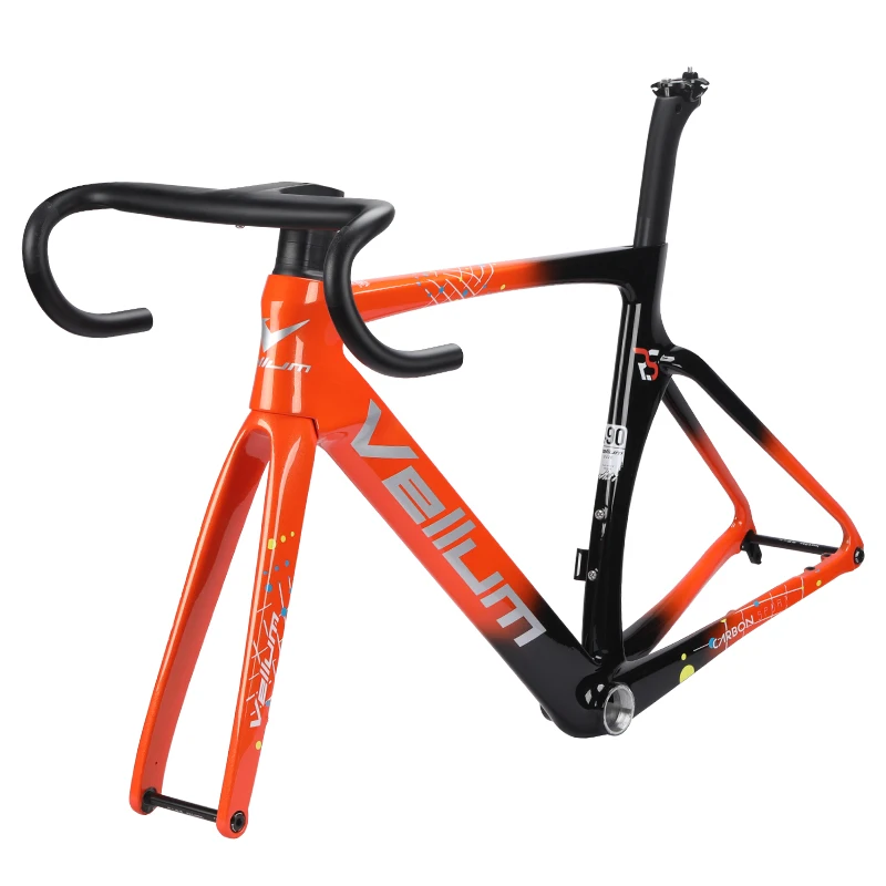 New black and orange VELLUM RS carbon fiber frame disc brake road bicycle with broken windmill frame and handlebars
New black and orange VELLUM RS carbon fiber frame disc brake road bicycle with broken windmill frame and handlebars
