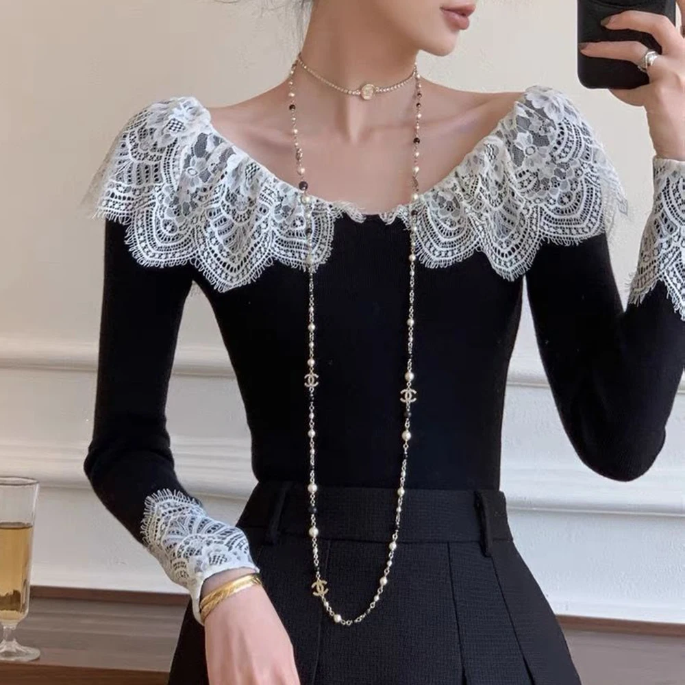 2025 Spring and Autumn New Retro Spicy Girl Lace Splicing Knitted Shirt for Women's Slimming and slimming Bottom Shirt
2025 Spring and Autumn New Retro Spicy Girl Lace Splicing Knitted Shirt for Women's Slimming and slimming Bottom Shirt