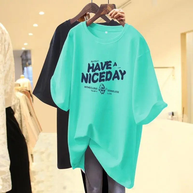 Women Short Sleeve Letter Printed T-shirt Summer Casual Loose Solid Basic Tees Female Clothing All Cotton
Women Short Sleeve Letter Printed T-shirt Summer Casual Loose Solid Basic Tees Female Clothing All Cotton