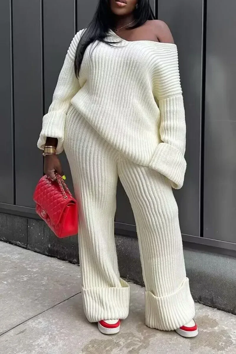Solid Loose Knitted Two Piece Set Women Sexy V Neck Off Shoulder Long Sleeve Sweatshirts Top Wide Leg Pants Fashion Casual Suits
Solid Loose Knitted Two Piece Set Women Sexy V Neck Off Shoulder Long Sleeve Sweatshirts Top Wide Leg Pants Fashion Casual Suits
