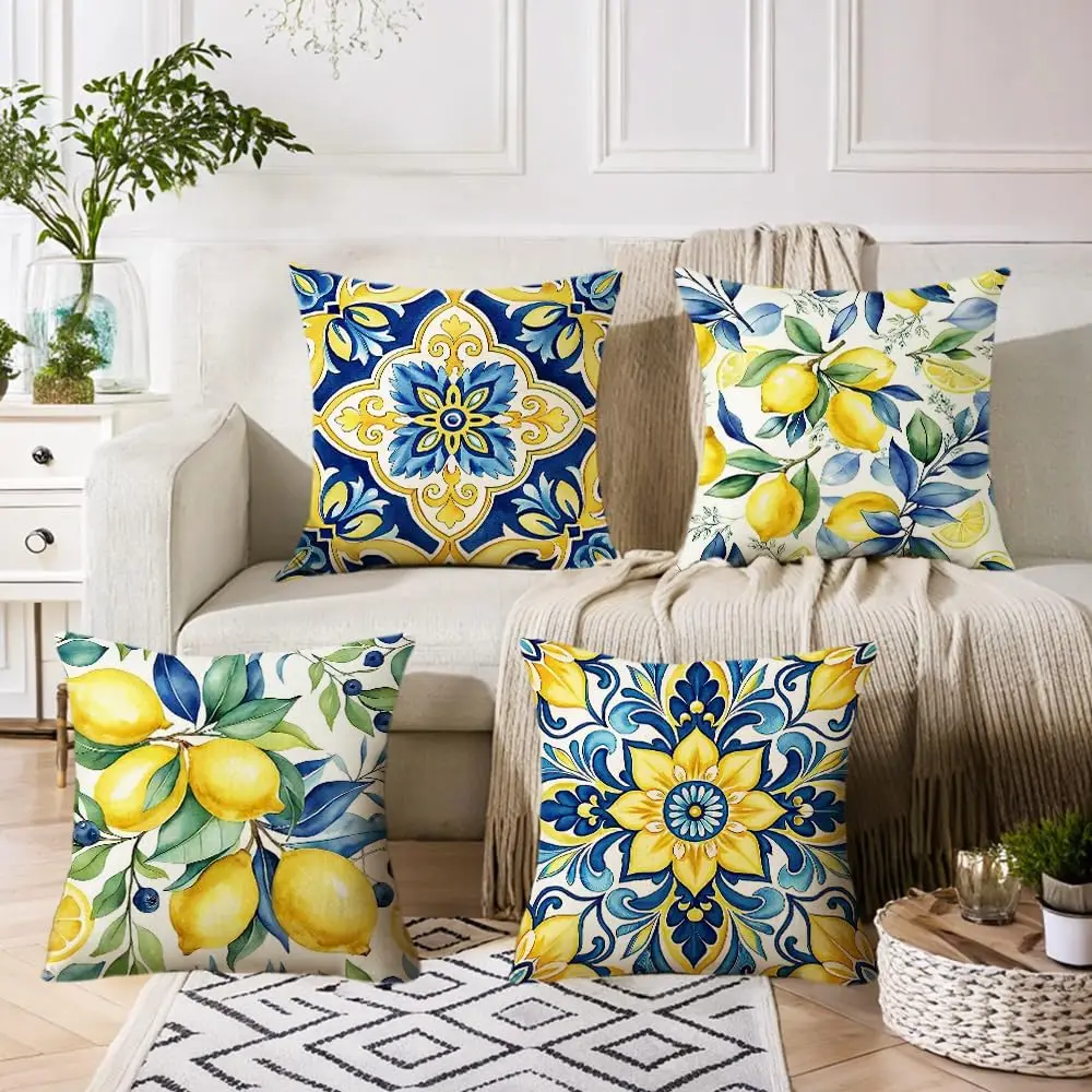 4Pcs Coastal Throw Pillow Covers, Lemon and Blue Majolica Tile Print Cushion Cases for Patio Bench Balcony Outdoor Seating Decor
4Pcs Coastal Throw Pillow Covers, Lemon and Blue Majolica Tile Print Cushion Cases for Patio Bench Balcony Outdoor Seating Decor