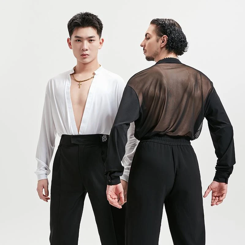 New men's Latin dance practice clothes, mesh long-sleeved V-neck T-shirt, adult dance performance clothing
New men's Latin dance practice clothes, mesh long-sleeved V-neck T-shirt, adult dance performance clothing