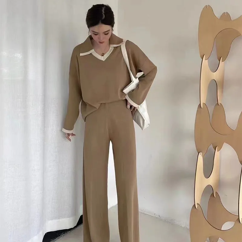 Women Fall Winter Casual Set Contrast Color Long Sleeved Turn-down Collar Tops+High Waist Solid Wide Leg Pants Loose Knit Suit
Women Fall Winter Casual Set Contrast Color Long Sleeved Turn-down Collar Tops+High Waist Solid Wide Leg Pants Loose Knit Suit