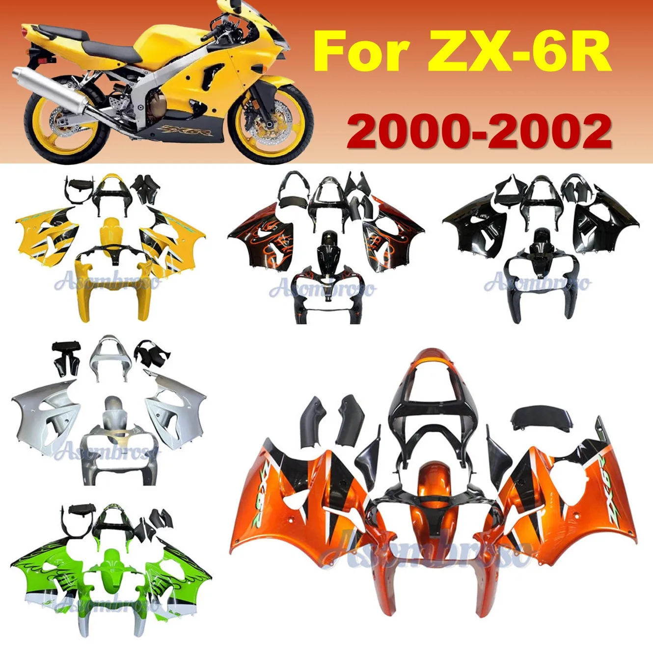 Full Bodywork Set for Kawasaki 2000-2002 ZX 6R 636 ZX-6R ABS Plastic Fairings 2001 ZX6R Custom Color Options
Full Bodywork Set for Kawasaki 2000-2002 ZX 6R 636 ZX-6R ABS Plastic Fairings 2001 ZX6R Custom Color Options
