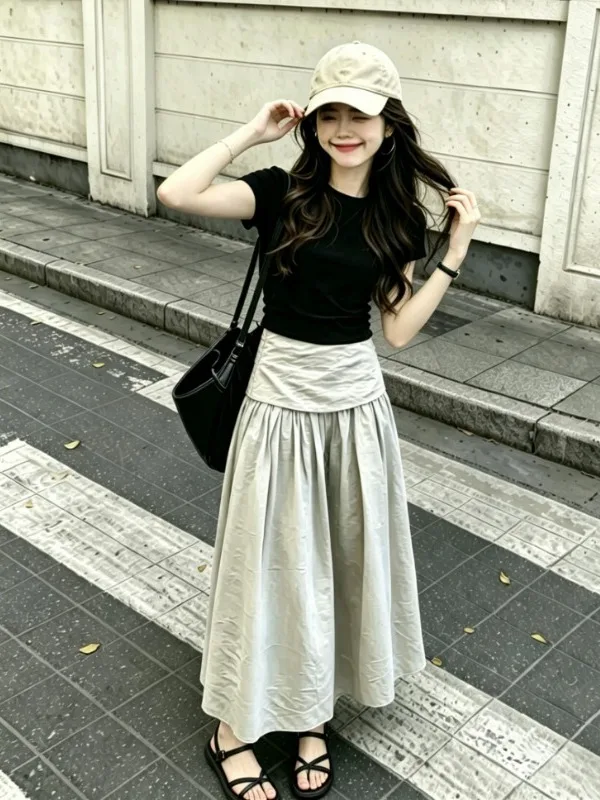 Korean Style High Waist Skirt And Black Top Women's Fashion Set Summer Chic Cotton Short Sleeve round Neck T-Shirt
Korean Style High Waist Skirt And Black Top Women's Fashion Set Summer Chic Cotton Short Sleeve round Neck T-Shirt