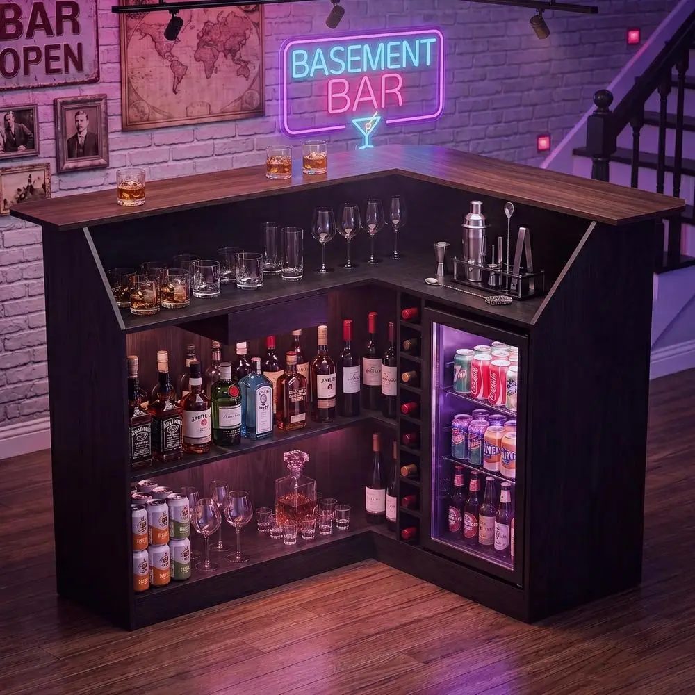 67/53 L-Shaped Home Bar with Ridge Space, LED-Lit Cabinet, Basement Bar Table, Stemware Racks, and Black & Walnut Furniture
67/53 L-Shaped Home Bar with Ridge Space, LED-Lit Cabinet, Basement Bar Table, Stemware Racks, and Black & Walnut Furniture