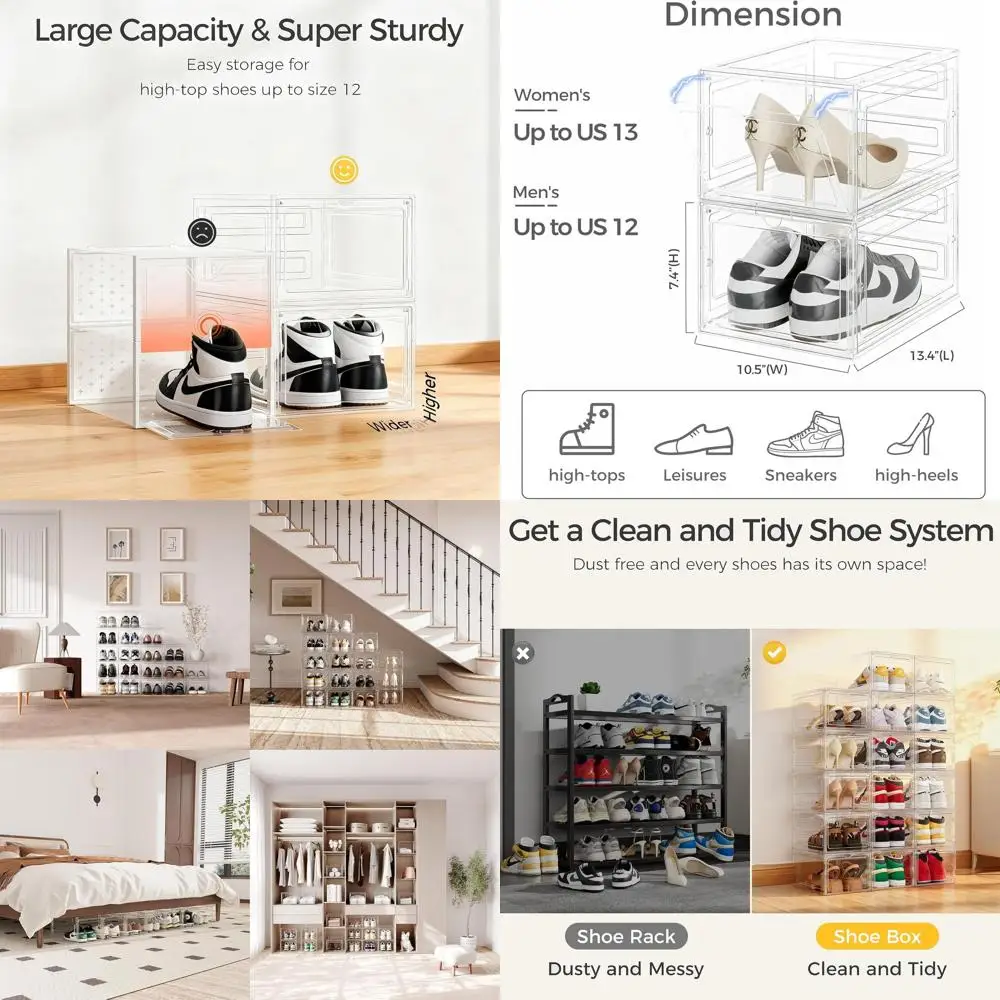 Очень большие прозрачные пластиковые штабелируемые коробки для хранения обуви с магнитной дверцей, 12 штук, прочный и долговечный органайзер для обуви в шкафу
Очень большие прозрачные пластиковые штабелируемые коробки для хранения обуви с магнитной дверцей, 12 штук, прочный и долговечный органайзер для обуви в шкафу