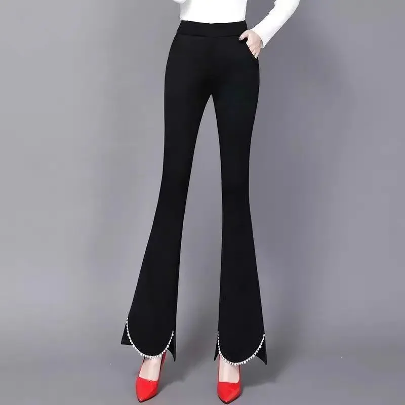 Fashion Elegant Women Slim High Waist Flare Pants Spring Autumn New All-match Elastic Band Beading Black Casual Trousers Z231
Fashion Elegant Women Slim High Waist Flare Pants Spring Autumn New All-match Elastic Band Beading Black Casual Trousers Z231