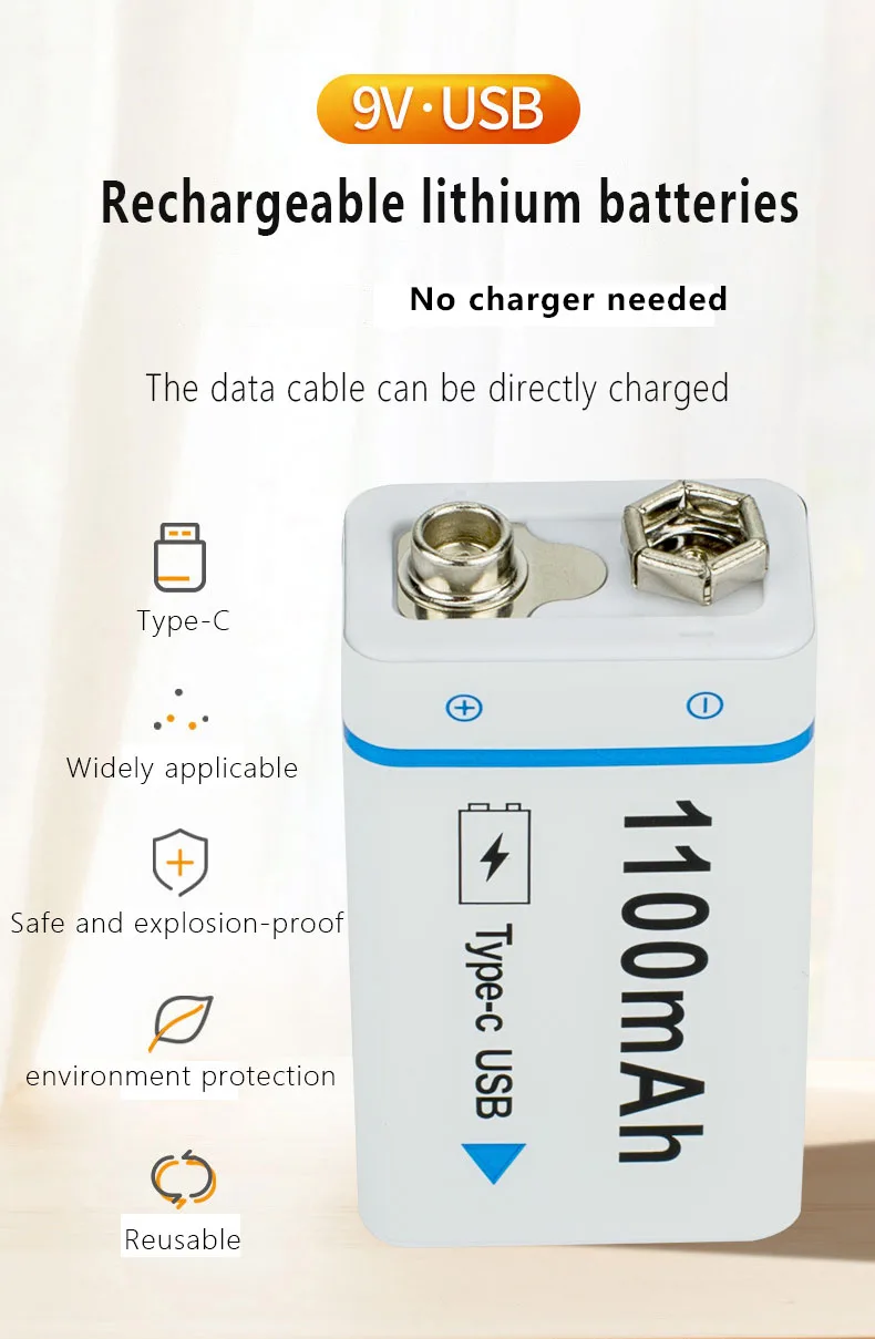 New 9v 1100mAh rechargeable lithium battery for fast charging with USB charging port Type-C interface
New 9v 1100mAh rechargeable lithium battery for fast charging with USB charging port Type-C interface