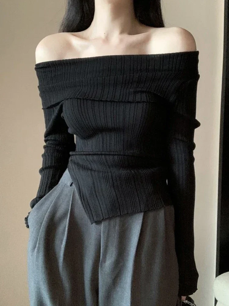 Slash Neck Knitted Pullover Women Autumn Thin Off Shoulder Long Sleeve Knitwear Tops Lady Slim Irregular Hem Split Basic Sweater
Slash Neck Knitted Pullover Women Autumn Thin Off Shoulder Long Sleeve Knitwear Tops Lady Slim Irregular Hem Split Basic Sweater