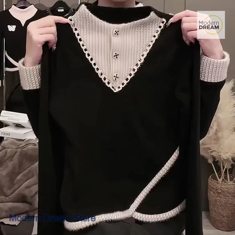 French fake two-piece contrast stitching small fragrance beading women's autumn and winter fashion T-shirt bottoming shirt top
French fake two-piece contrast stitching small fragrance beading women's autumn and winter fashion T-shirt bottoming shirt top