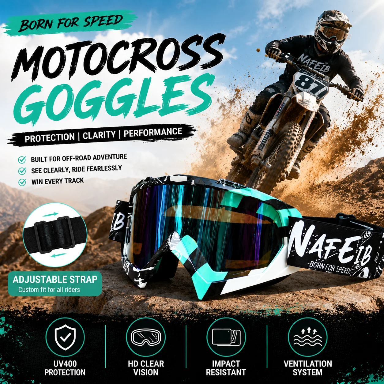 Motorcycle Motocross Goggles MX Dirt Bike ATV Off Road Goggles UV Protection Clear Vision Adjustable Strap
Motorcycle Motocross Goggles MX Dirt Bike ATV Off Road Goggles UV Protection Clear Vision Adjustable Strap