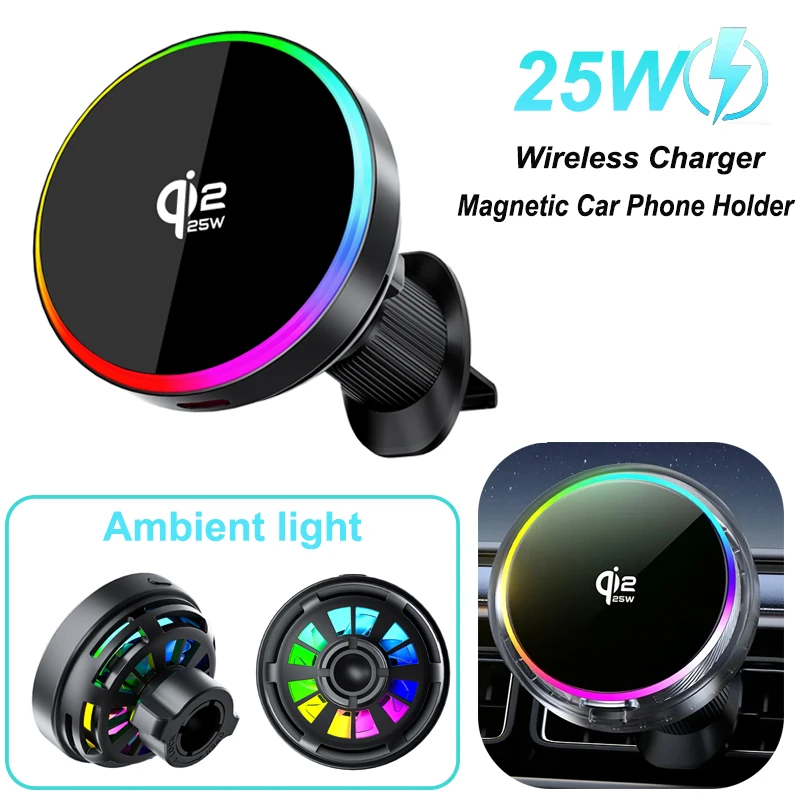 25W Qi2 Magnetic Car Phone Charger Holder with RGB Light Air Vent Mount with Fast Charging & Cooling for iPhone 17 Pro Max
25W Qi2 Magnetic Car Phone Charger Holder with RGB Light Air Vent Mount with Fast Charging & Cooling for iPhone 17 Pro Max
