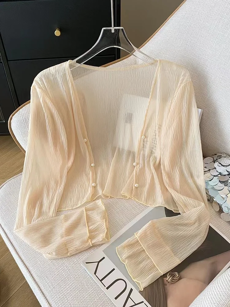 Summer Long Sleeve Short Style Women's Sheer Chiffon Sun Protection Cardigan Thin Translucent Beaded Outerwear Versatile Shawl
Summer Long Sleeve Short Style Women's Sheer Chiffon Sun Protection Cardigan Thin Translucent Beaded Outerwear Versatile Shawl