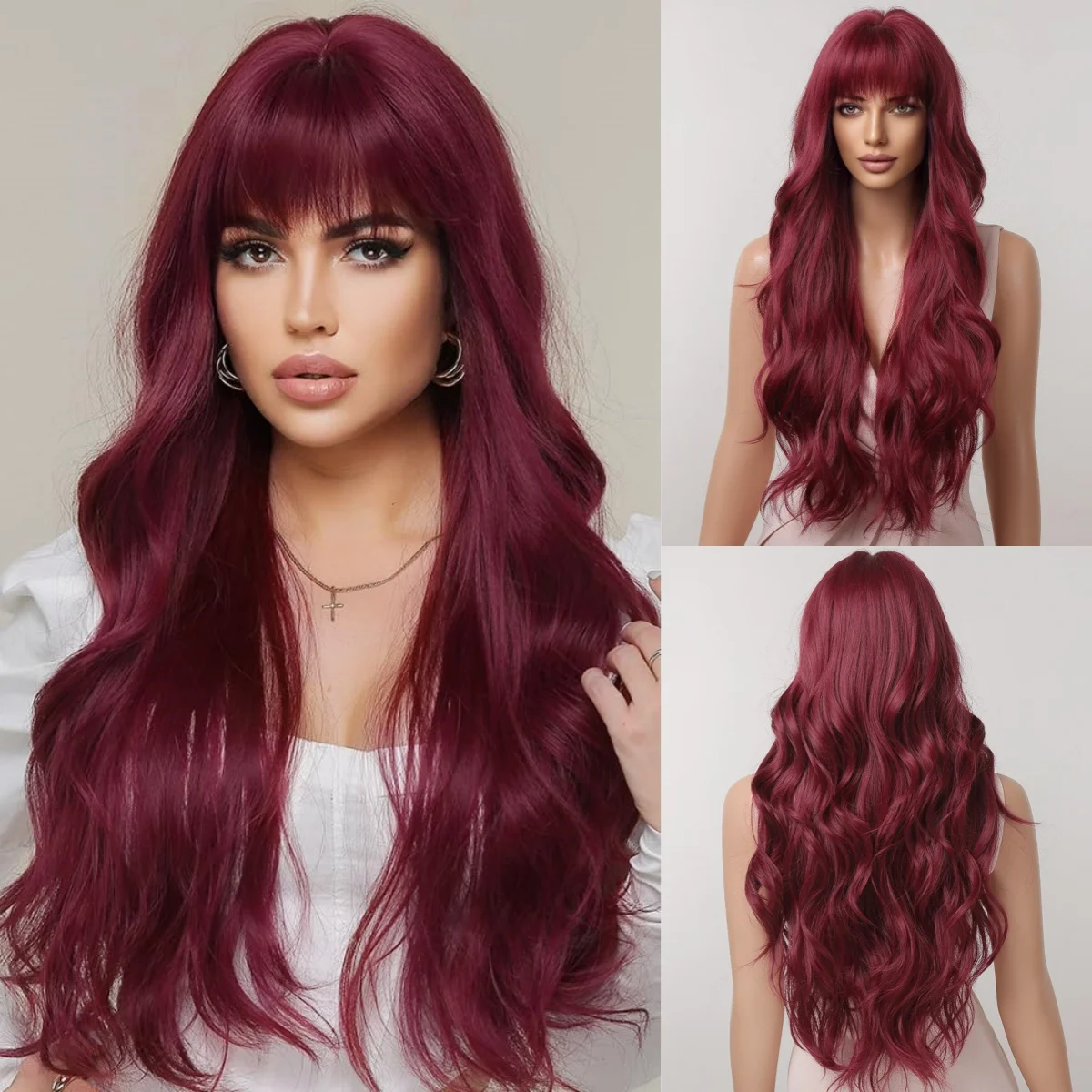 Винно-красный длинный волнистый парик из синтетических волос с челкой Бордовый вьющийся искусственный волос для женщин Термостойкие парики Косплей Лолита Использование волокна
Винно-красный длинный волнистый парик из синтетических волос с челкой Бордовый вьющийся искусственный волос для женщин Термостойкие парики Косплей Лолита Использование волокна