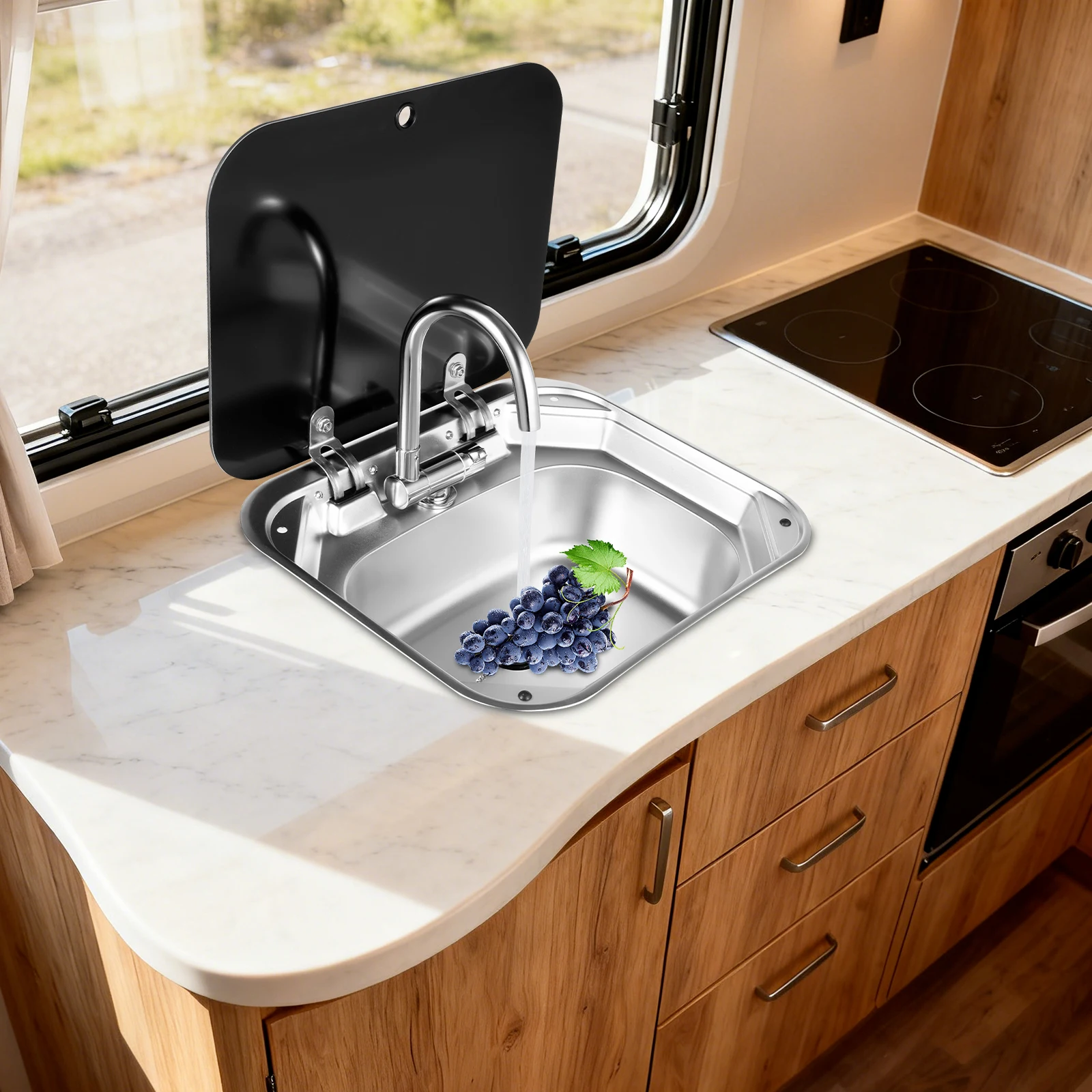 RV Sink, Stainless Steel Kitchen Sink with Faucet, Compact Flip Cover Sink Set with Tempered Glass Lid, for RV, Camper, Van, Boat, Bathroom
RV Sink, Stainless Steel Kitchen Sink with Faucet, Compact Flip Cover Sink Set with Tempered Glass Lid, for RV, Camper, Van, Boat, Bathroom