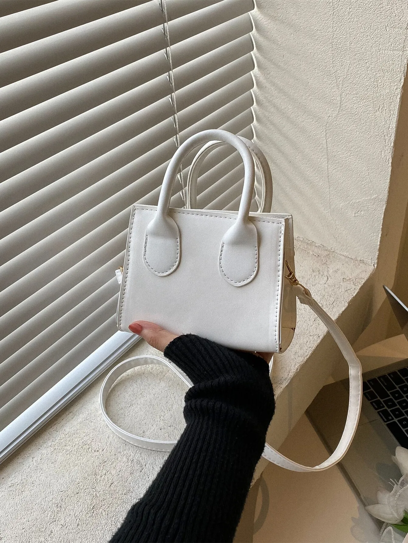 Mini Square Top-Handle Bag in Matte White Faux Leather
Mini Square Top-Handle Bag in Matte White Faux Leather