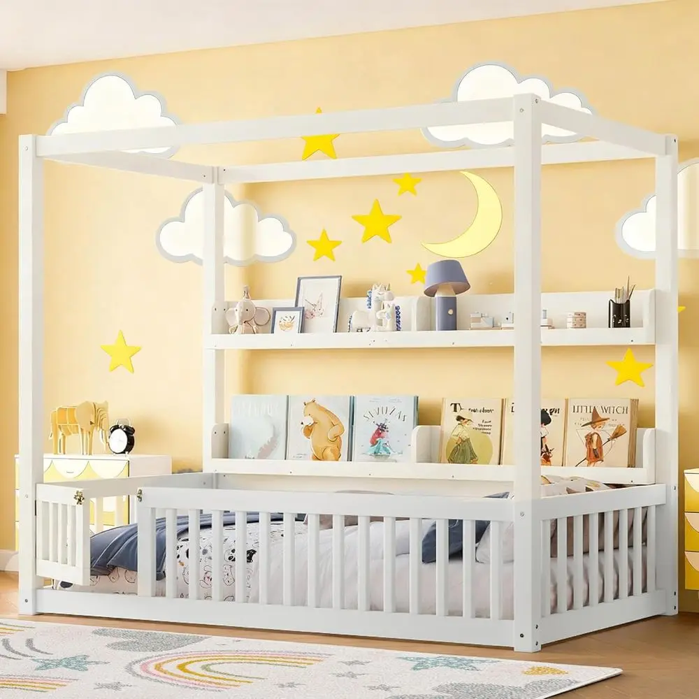 Twin Size Wooden Floor Bed with Entrances, Storage Shelves, and Guardrails for Kids (White/Twin)
Twin Size Wooden Floor Bed with Entrances, Storage Shelves, and Guardrails for Kids (White/Twin)