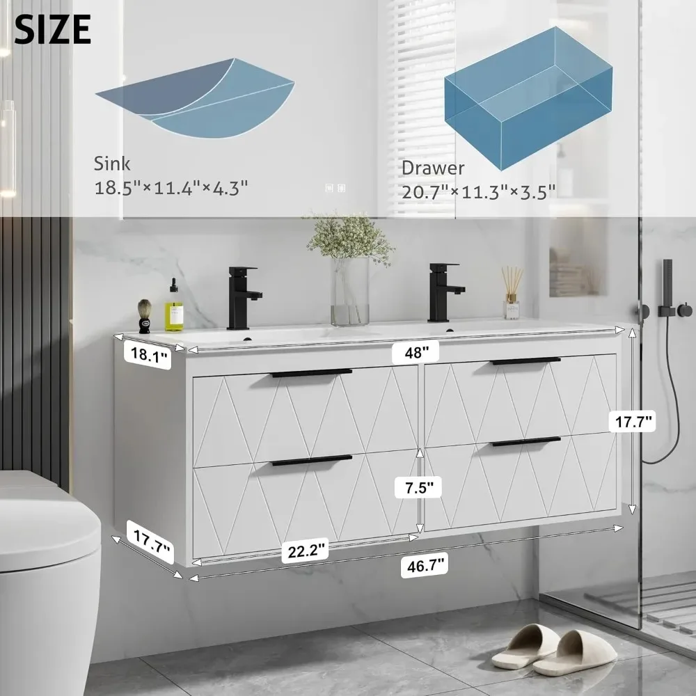 48" Bathroom Vanities Cabinet with Sink Combo, Wall Mounted Floating Cabinet W/Decor Line, Soft-Close System,4 Extra Big Drawers
48" Bathroom Vanities Cabinet with Sink Combo, Wall Mounted Floating Cabinet W/Decor Line, Soft-Close System,4 Extra Big Drawers
