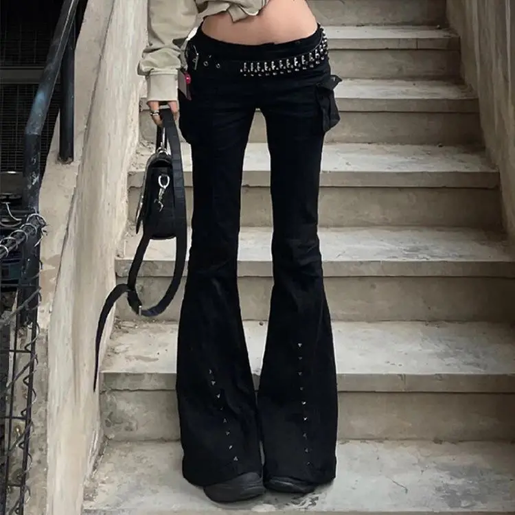 Vintage Harajuku Y2K Dark Academia Gothic Jeans Women Low Rise Rivet Design Flare Denim Pants 2000s Casual Goth Trousers
Vintage Harajuku Y2K Dark Academia Gothic Jeans Women Low Rise Rivet Design Flare Denim Pants 2000s Casual Goth Trousers