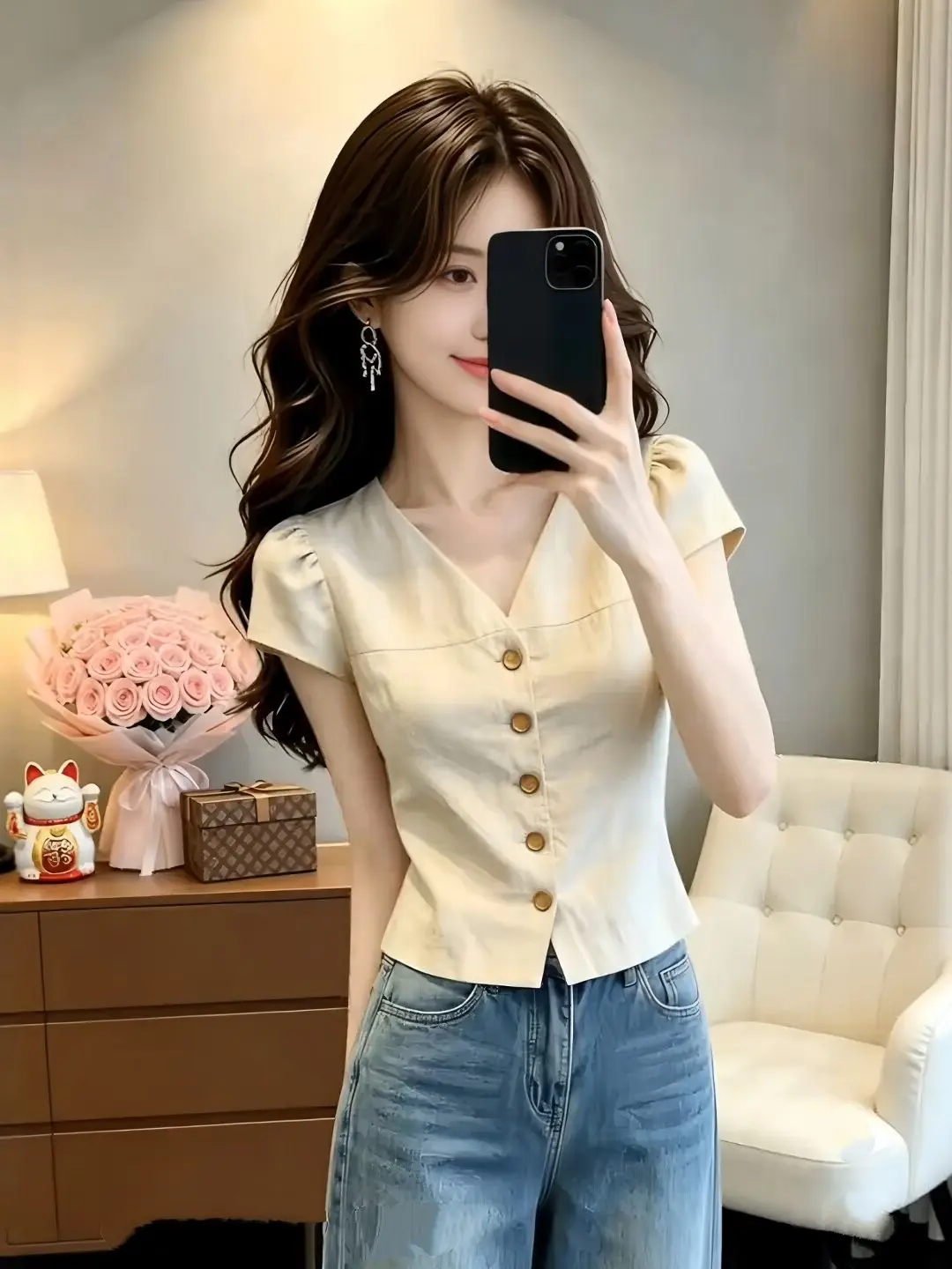 Summer New Fashion Slimming Short Sleeve V-Neck Shirt Women's High Intelligence Casual Style Light Maturity Trending Top
Summer New Fashion Slimming Short Sleeve V-Neck Shirt Women's High Intelligence Casual Style Light Maturity Trending Top