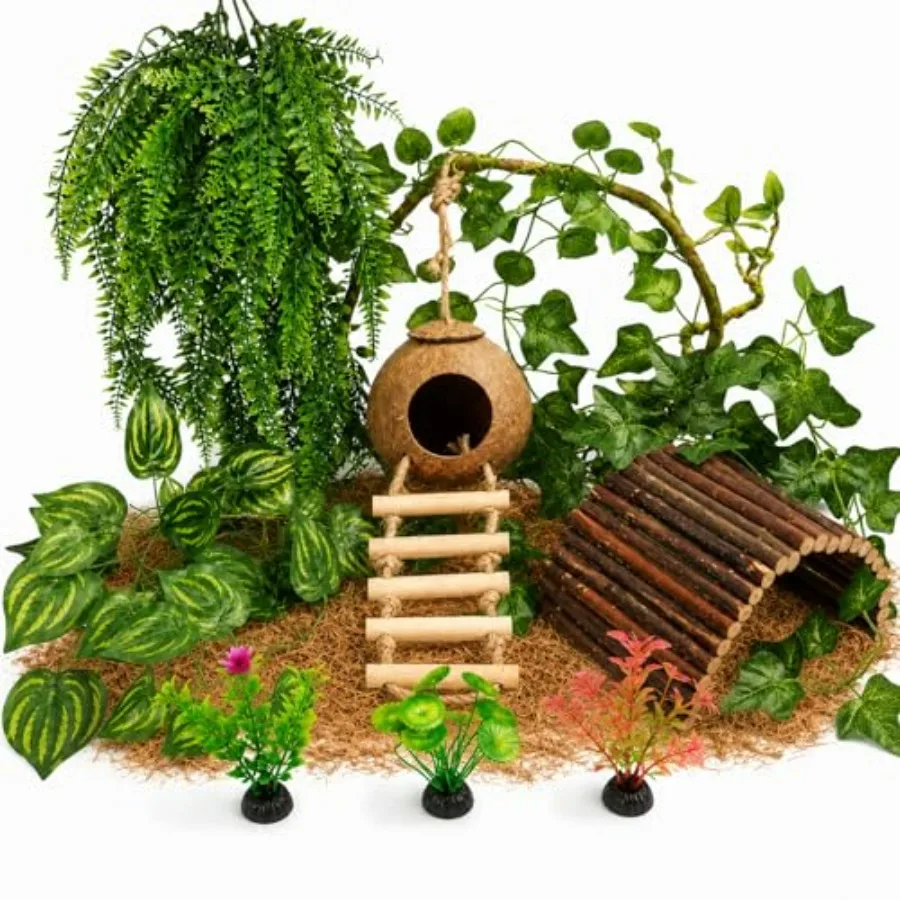Crested Gecko Tank Accessories Reptile Vines Plants with Coconut Shell Ladder Hideout Hermit Crab Decor for Leopard Gecko Lizar
Crested Gecko Tank Accessories Reptile Vines Plants with Coconut Shell Ladder Hideout Hermit Crab Decor for Leopard Gecko Lizar