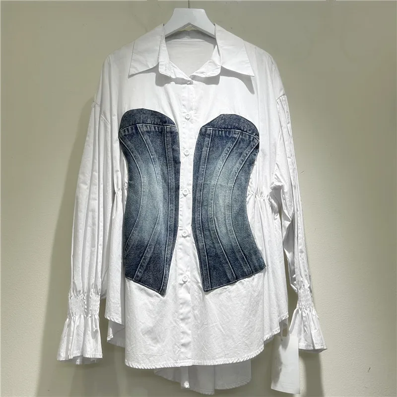 Shirt Women Denim Patchwork Top Single Breasted Turn Down Collar Washed Tight Waist Overshirt 2026 Autumn Office Lady Tops
Shirt Women Denim Patchwork Top Single Breasted Turn Down Collar Washed Tight Waist Overshirt 2026 Autumn Office Lady Tops