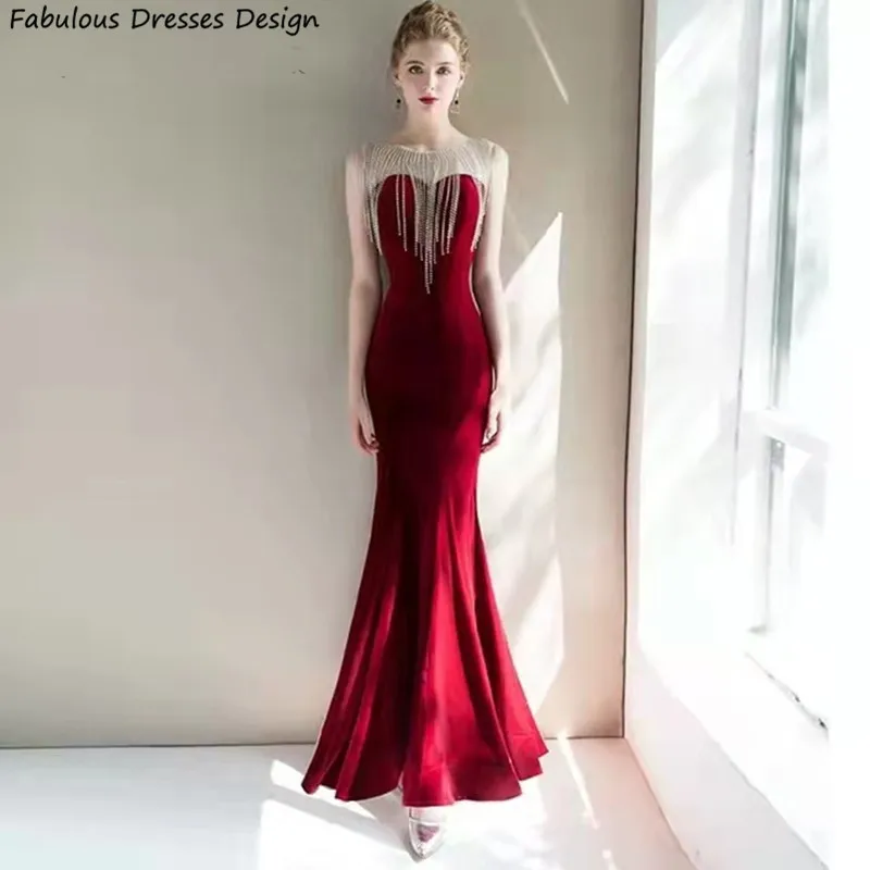Exquisite Mermaid Long Bridesmaid Dresses Burgundy Beaded Tassel O-neck Sleeveless Wedding Party Dress For Women Prom Gown
Exquisite Mermaid Long Bridesmaid Dresses Burgundy Beaded Tassel O-neck Sleeveless Wedding Party Dress For Women Prom Gown