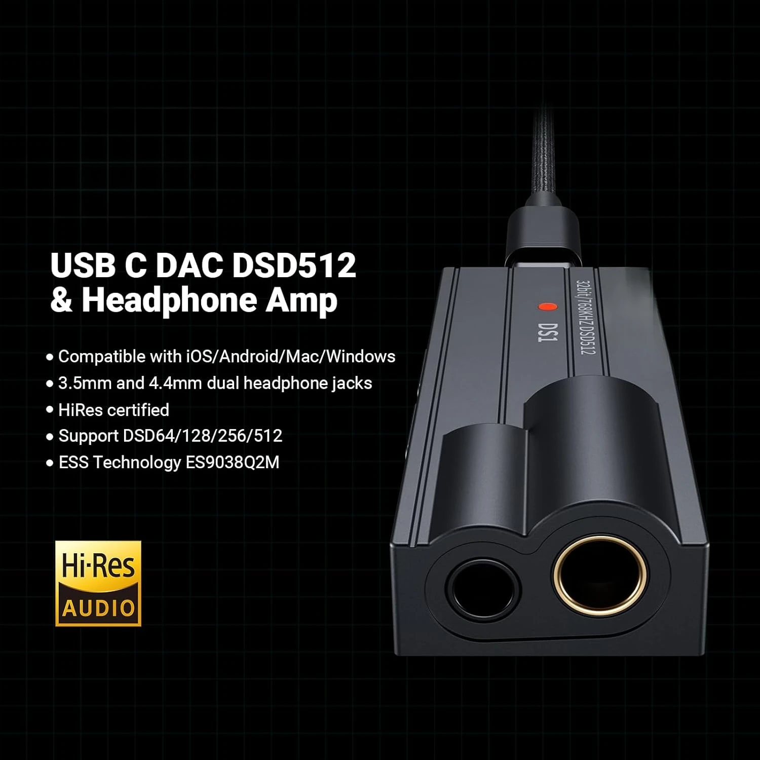 Headphone Amp DSD512 ES9038Q2M HiFi Mini Audio Adapter Supports 32bit/768kHz with 4.4MM and 3.5MM Dual Headphones Outputs
Headphone Amp DSD512 ES9038Q2M HiFi Mini Audio Adapter Supports 32bit/768kHz with 4.4MM and 3.5MM Dual Headphones Outputs