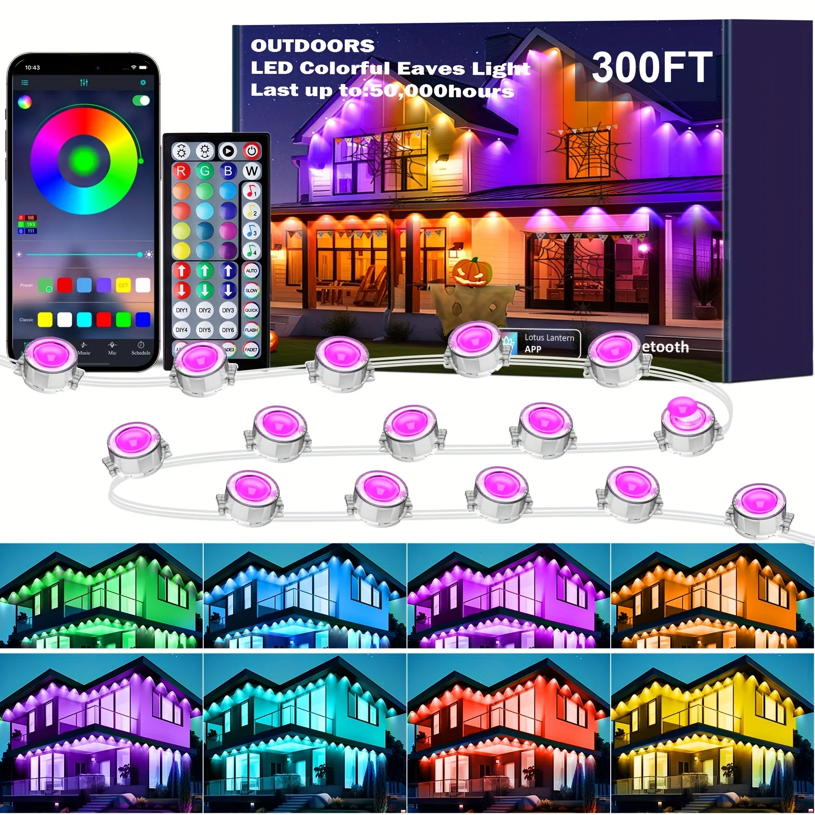300ft RGB Eave Light, Permanent Outdoor Lights with 60 LED Eaves Lights, IP67 Waterproof for Halloween Christmas Decorations, C
300ft RGB Eave Light, Permanent Outdoor Lights with 60 LED Eaves Lights, IP67 Waterproof for Halloween Christmas Decorations, C