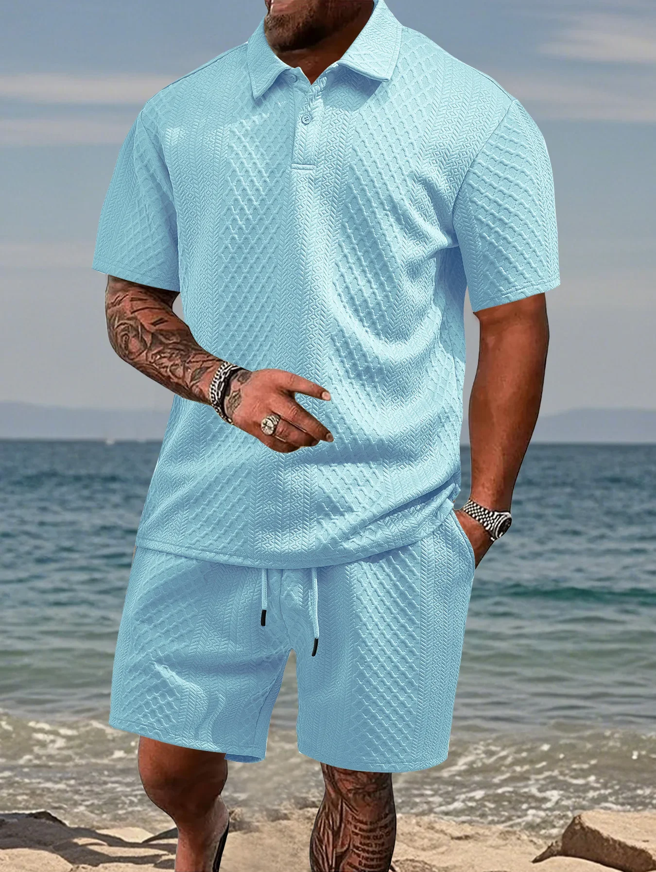 Nice Summer New Men's Casual Sportswear Polo Shirt With A Lapel Men's Short-sleeved Shirt And Shorts Jacquard Texture Suit 2 Pc
Nice Summer New Men's Casual Sportswear Polo Shirt With A Lapel Men's Short-sleeved Shirt And Shorts Jacquard Texture Suit 2 Pc