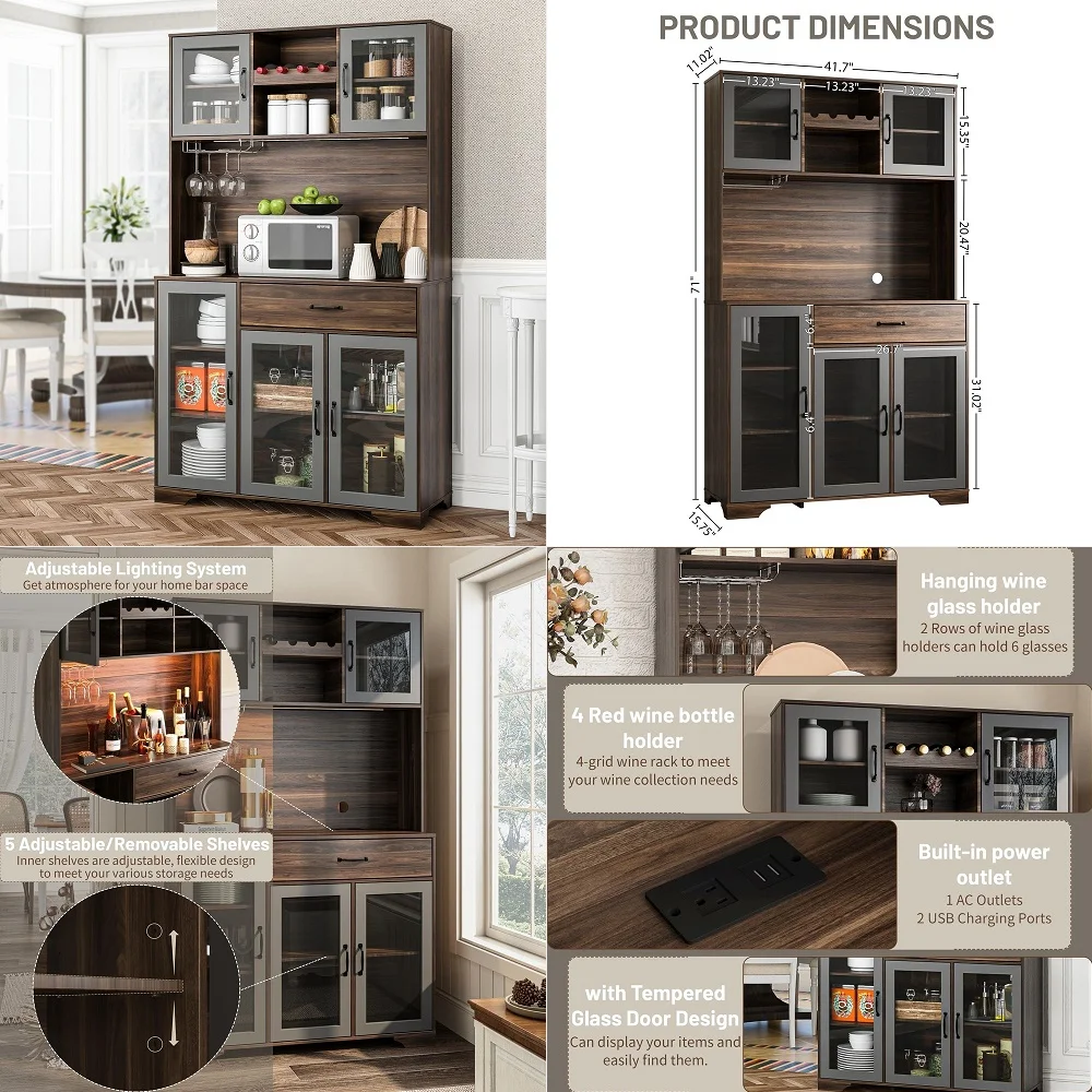Coffee Bar Cabinet, 71 Tall Liquor Wine Cabinet with Power Outlet amp LED Lights, Glass Doors, Kitchen Pantry Cabinet with Stor
Coffee Bar Cabinet, 71 Tall Liquor Wine Cabinet with Power Outlet amp LED Lights, Glass Doors, Kitchen Pantry Cabinet with Stor