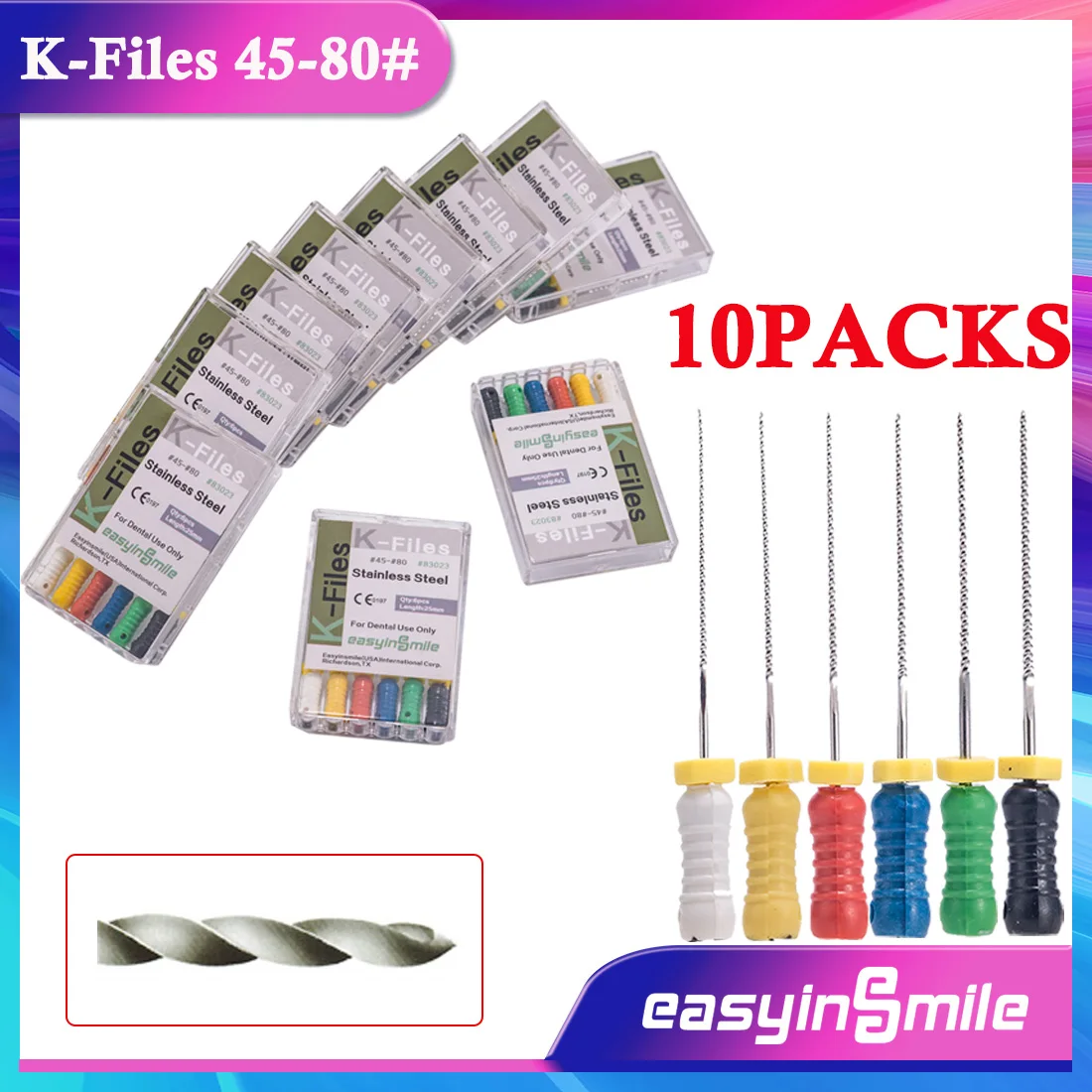 EASYINSMILE 10Packs Dental Endodontic Hand Use Files 45-80# Stainless Steel Root Canal K-Files 25MM
EASYINSMILE 10Packs Dental Endodontic Hand Use Files 45-80# Stainless Steel Root Canal K-Files 25MM