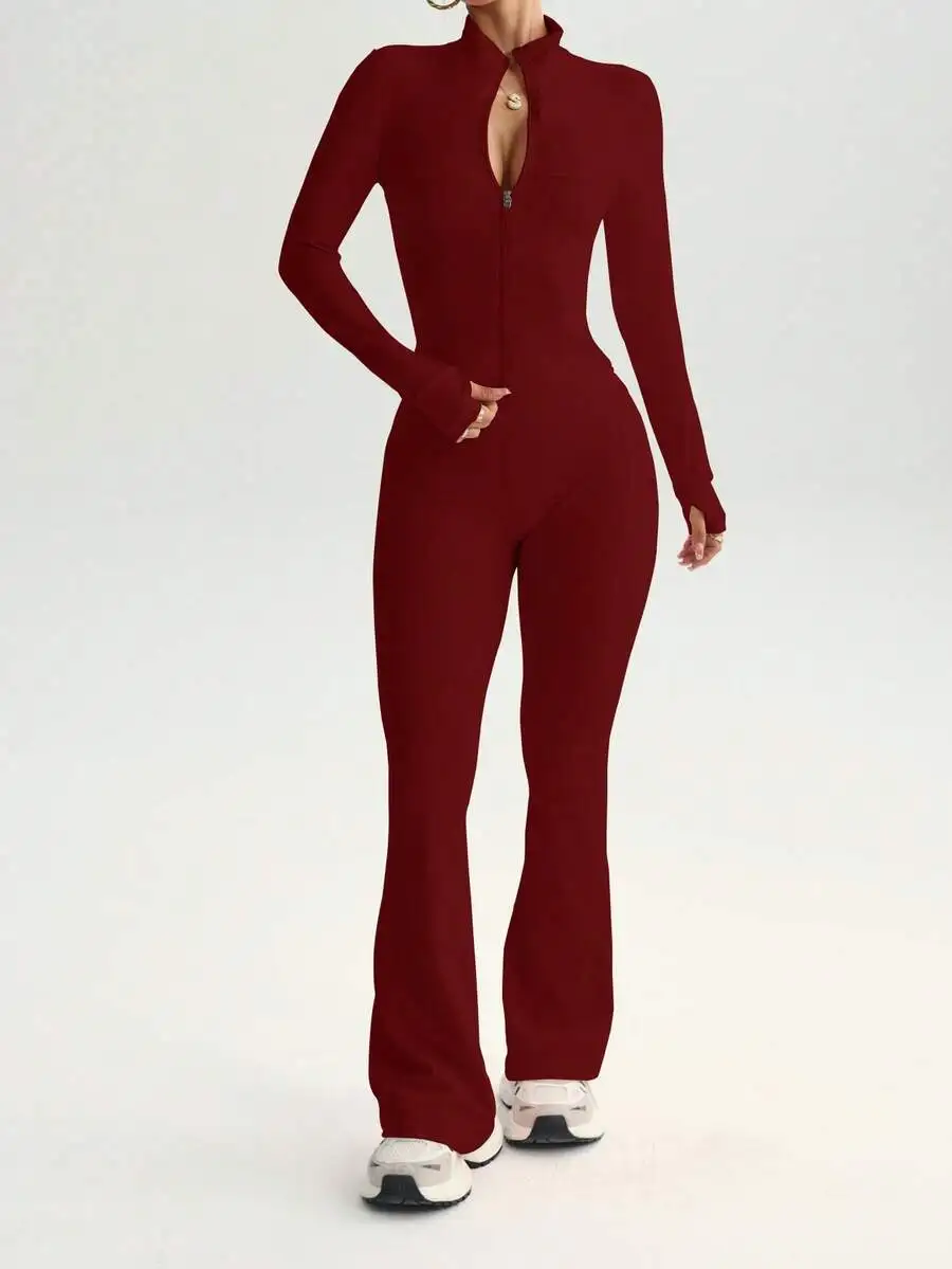 Womens Zip Front Bodycon Jumpsuit With Thumb Holes And Flare Pants
Womens Zip Front Bodycon Jumpsuit With Thumb Holes And Flare Pants
