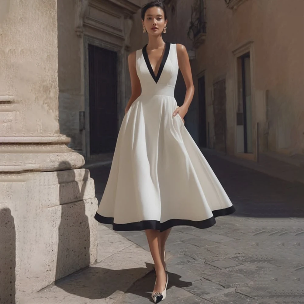Elegant White Evening Dresses for Women 2026 Fashion Knee-Length Sleeveless V-Neck With Black Edge Draped Princess Party Dress
Elegant White Evening Dresses for Women 2026 Fashion Knee-Length Sleeveless V-Neck With Black Edge Draped Princess Party Dress