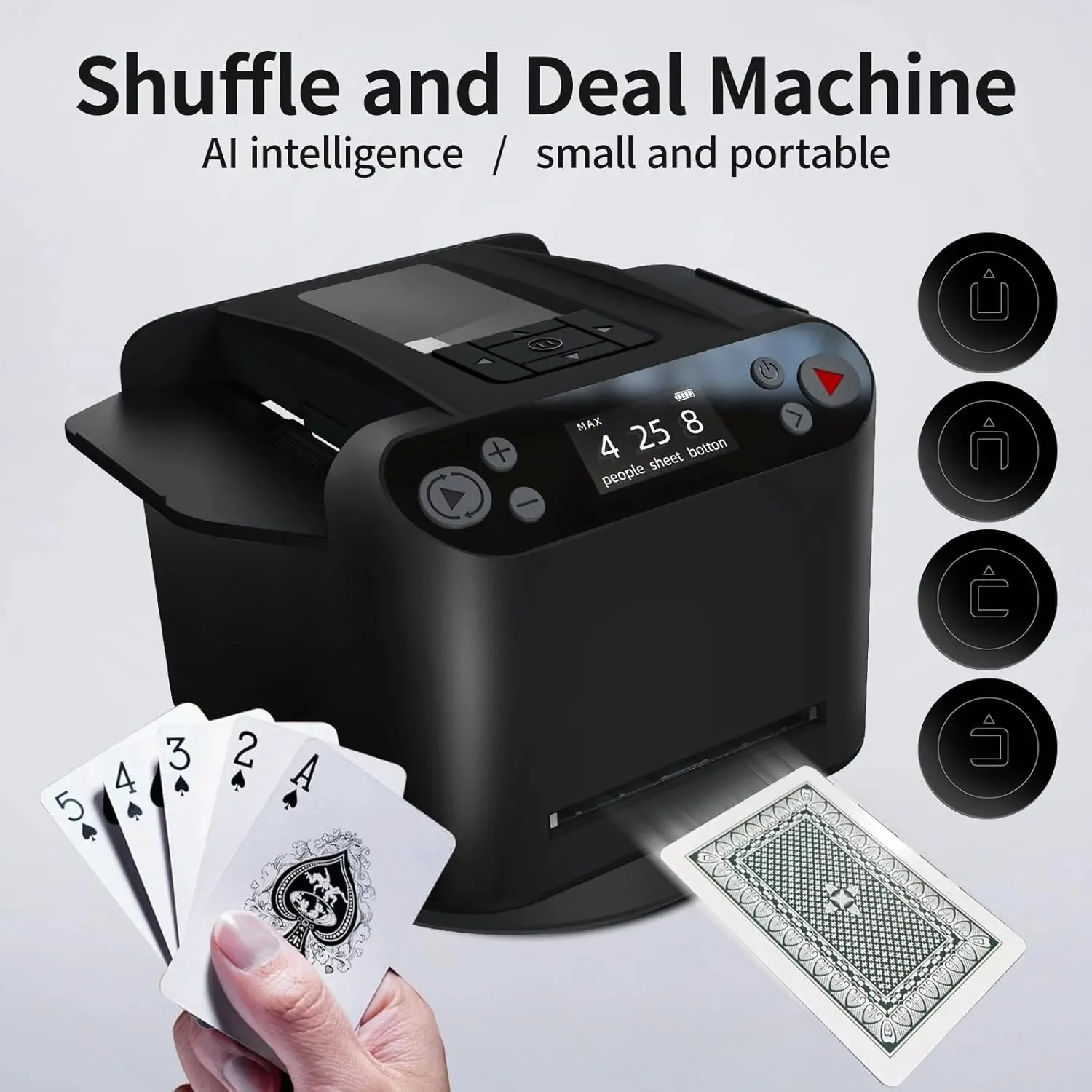 2-in-1 Automatic Card Shuffler & Dealer for 8 Players, 4 Remotes, Adjustable 360°/180° Dealing for Poker & More
2-in-1 Automatic Card Shuffler & Dealer for 8 Players, 4 Remotes, Adjustable 360°/180° Dealing for Poker & More