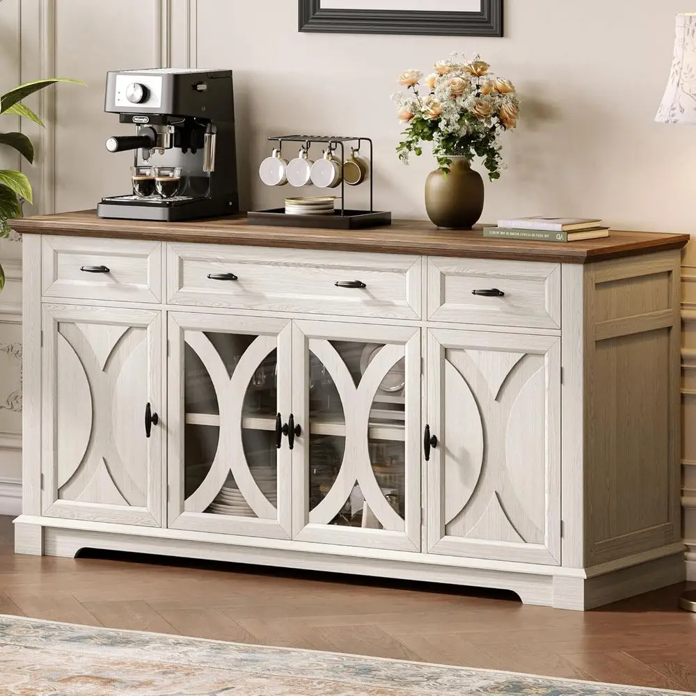64" armhouse Sideboard Cabinet with 3 Ders and 4 Do, Buet Cabinet with Adjustable Shelves and Curved Glass Do, Large Storage Cab
64" armhouse Sideboard Cabinet with 3 Ders and 4 Do, Buet Cabinet with Adjustable Shelves and Curved Glass Do, Large Storage Cab