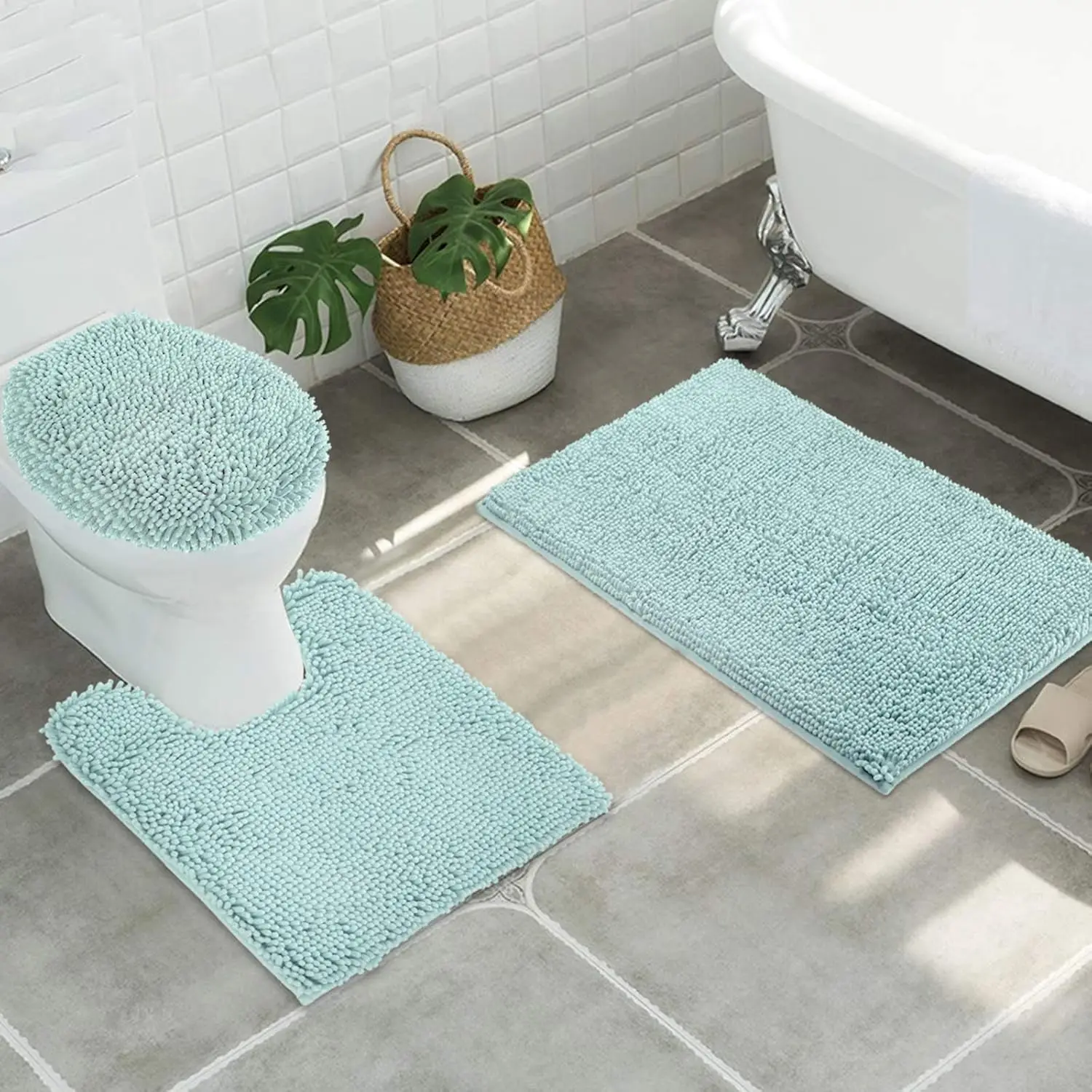 3pc Non-Slip Shaggy Chenille Bathroom Mat Set with U-Shaped Toilet Rug, Bathmat, and Lid Cover in Spa Blue
3pc Non-Slip Shaggy Chenille Bathroom Mat Set with U-Shaped Toilet Rug, Bathmat, and Lid Cover in Spa Blue
