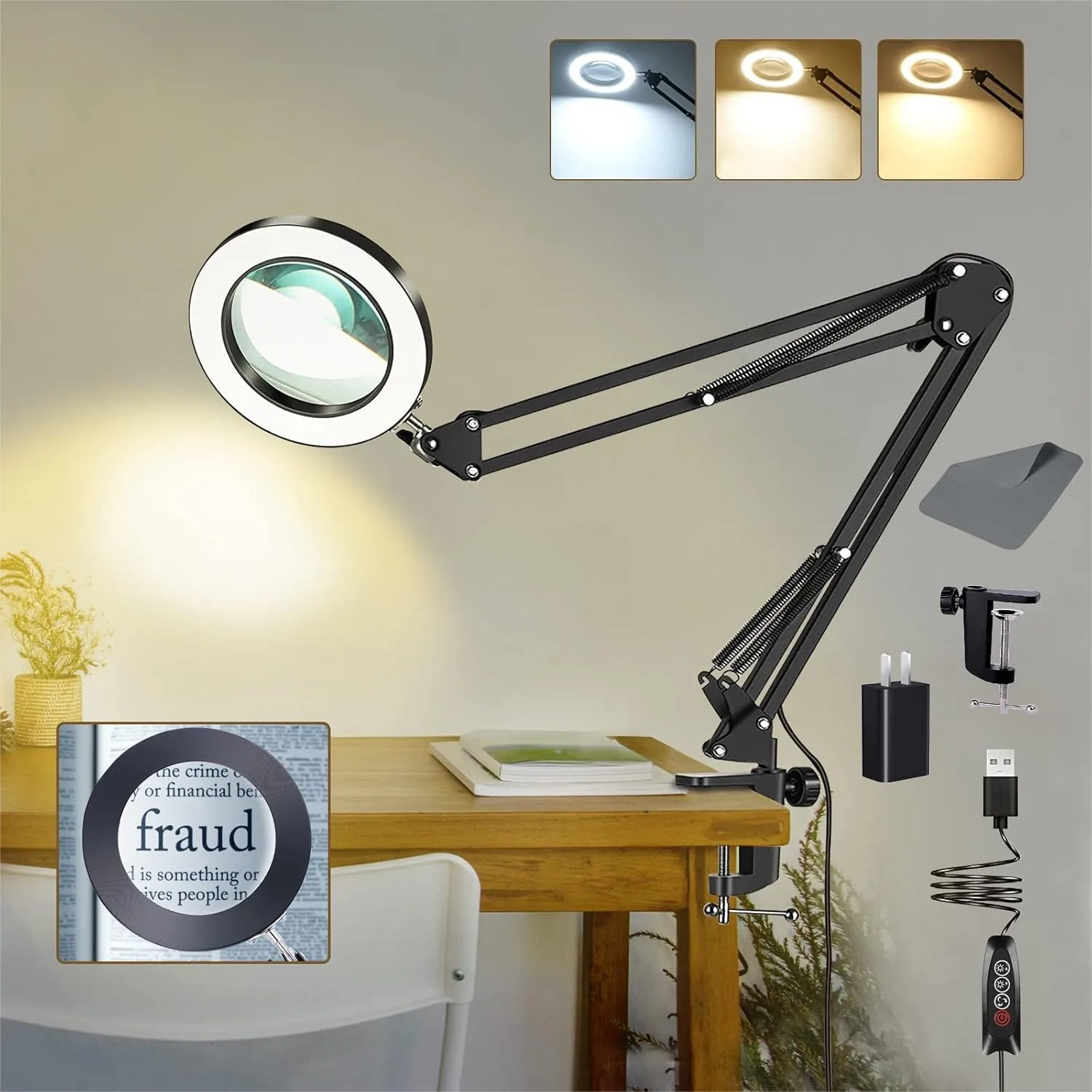 10X Magnifying Glass with Light and Clamp, Hands Free 72 LED Magnifier with 3 Color Modes Stepless Dimmable for Close Work
10X Magnifying Glass with Light and Clamp, Hands Free 72 LED Magnifier with 3 Color Modes Stepless Dimmable for Close Work