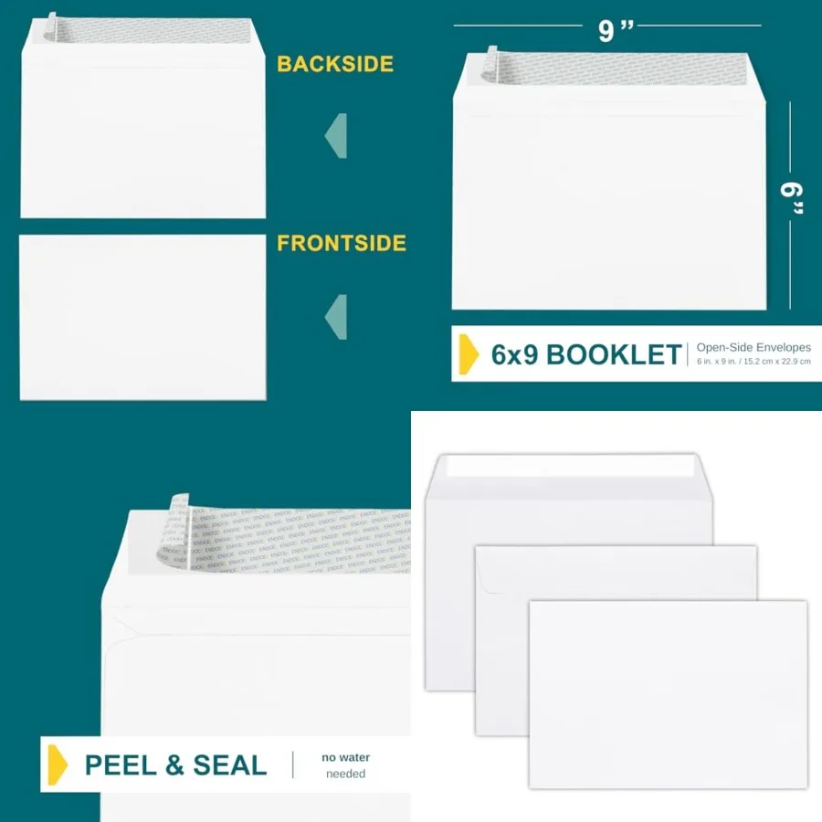 6x9 Booklet Envelopes - pack - Mailing Envelopes Self Seal - White Letter Envelopes with Peel and Seal Closure - Open-Side 6x9
6x9 Booklet Envelopes - pack - Mailing Envelopes Self Seal - White Letter Envelopes with Peel and Seal Closure - Open-Side 6x9