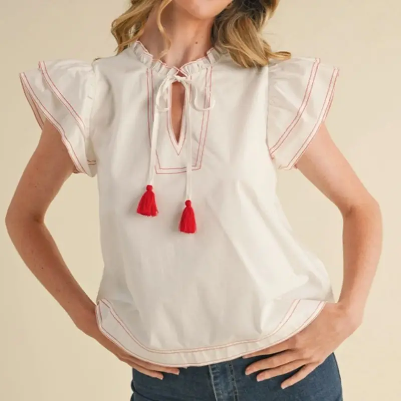 Combhasaki Women Summer Chic Contrast Color Blouses Layered Ruffle Short Sleeve Bow Tied V-Neck Casual Y2K Shirt Top Streetwear
Combhasaki Women Summer Chic Contrast Color Blouses Layered Ruffle Short Sleeve Bow Tied V-Neck Casual Y2K Shirt Top Streetwear