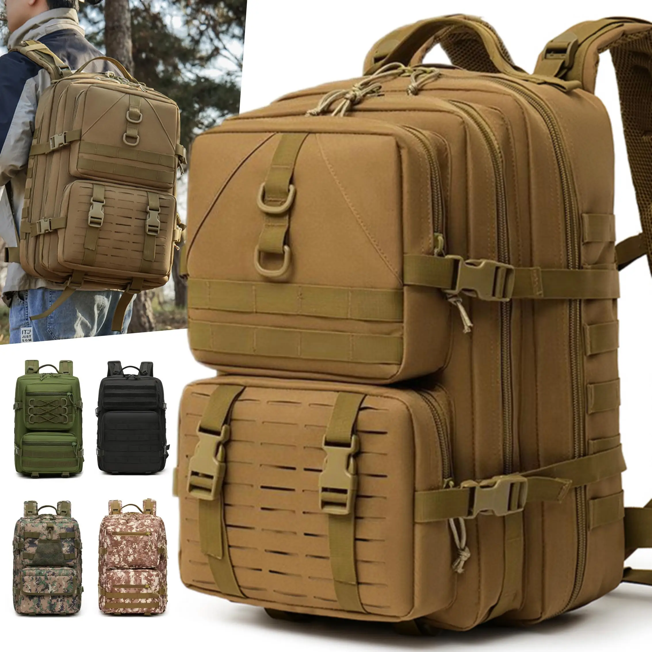 Customized Logo Design Waterproof Large Capacity Outdoor Tactical Backpack For Mountaineering Hiking Hunting Polyester Lining