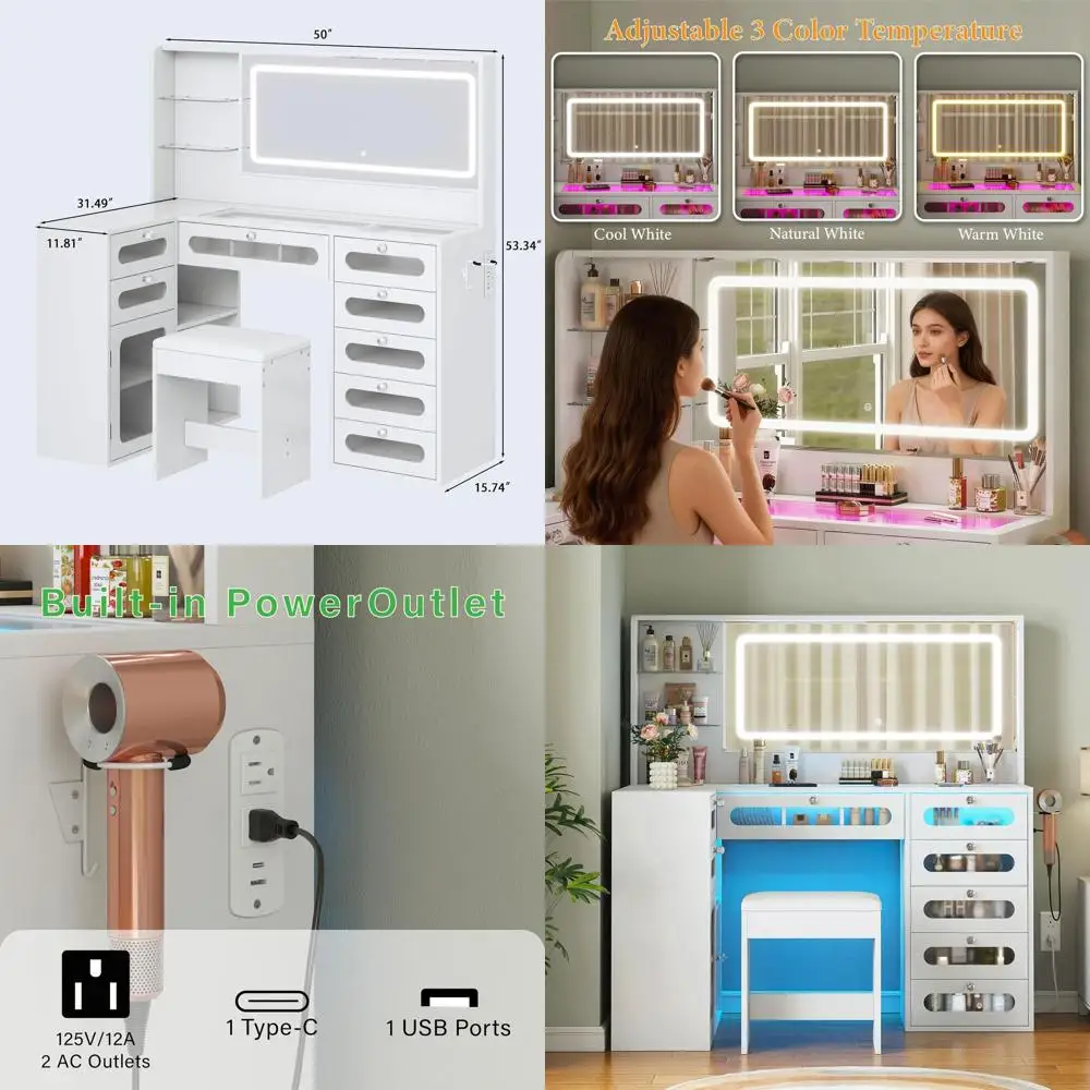 Illuminated Makeup Vanity Desk with 8 Drawers, Transparent Top, RGB Lighting, Power Outlet, and Stool, White
Illuminated Makeup Vanity Desk with 8 Drawers, Transparent Top, RGB Lighting, Power Outlet, and Stool, White