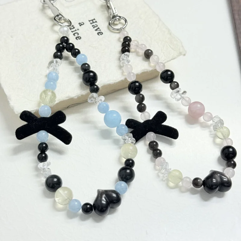 Natural crystal Aquamarine Pink crystal sweet Flocked Bow Silver Obsidian heart-shaped pendant phone strap original design
Natural crystal Aquamarine Pink crystal sweet Flocked Bow Silver Obsidian heart-shaped pendant phone strap original design