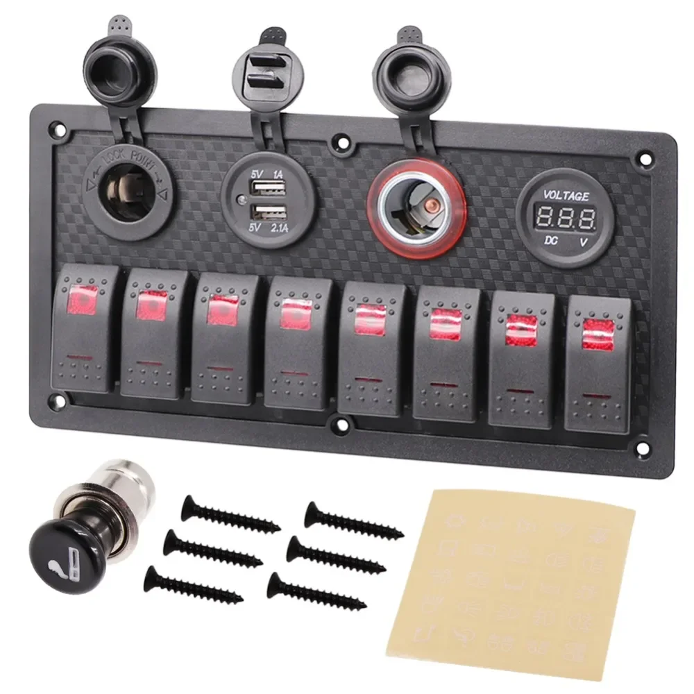 Marine 8 Gang Switch Panel ON-OFF Rocker LED Voltage Display+USB Charger+Cigarette Lighter for Truck Ship RV Boat Car Universal
Marine 8 Gang Switch Panel ON-OFF Rocker LED Voltage Display+USB Charger+Cigarette Lighter for Truck Ship RV Boat Car Universal